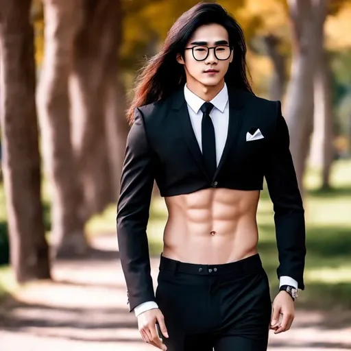 Prompt: an attractive long-haired 20-years old man with rock hard abs and eyeglasses wearing a crop top black suit and tie with a bare navel and an exposed belly button, walking in the park