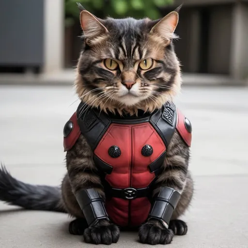 Prompt: A cat that looks like Godzilla with claws of Wolverine and a mask of deadpool 