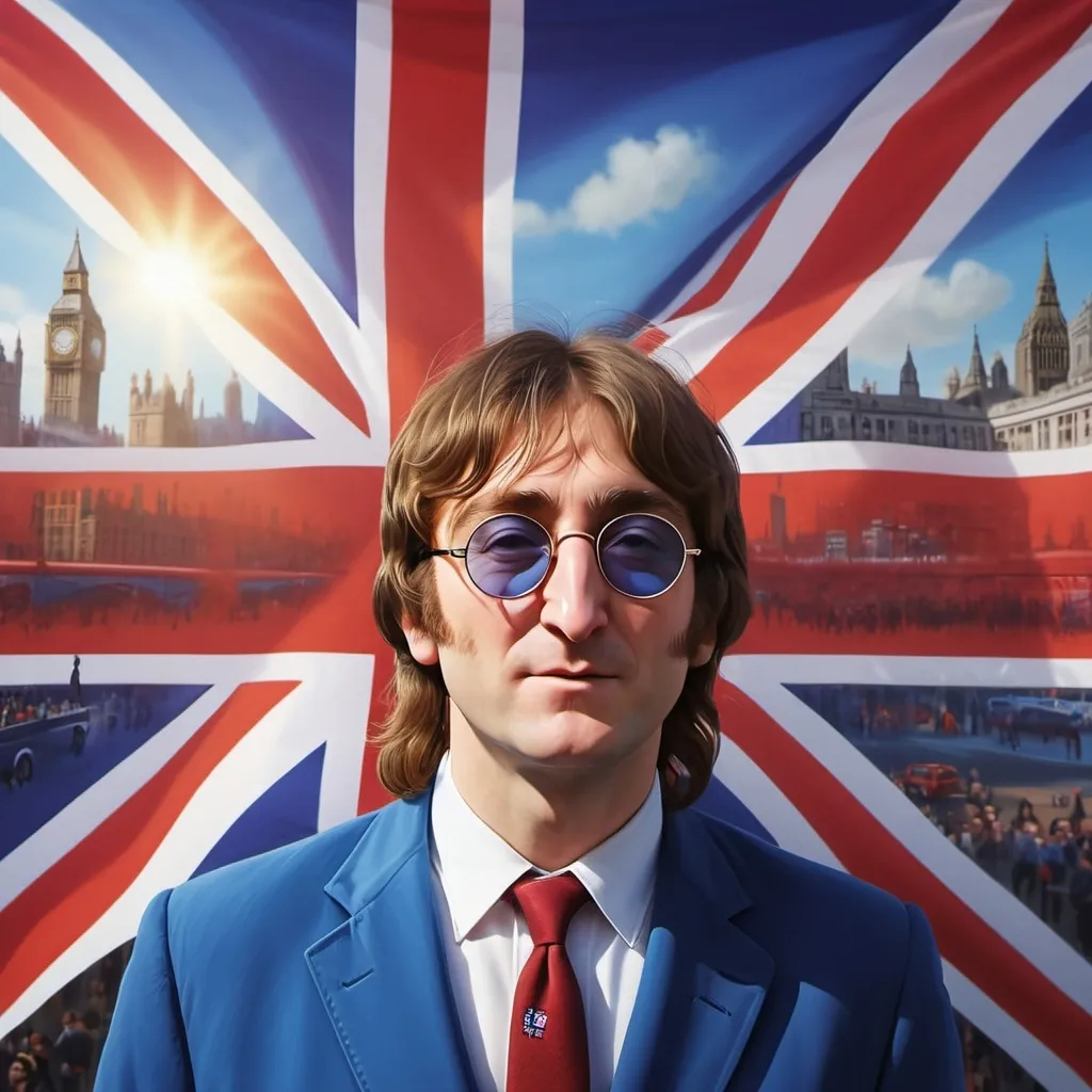 Prompt: Apple with the colors of the British flag held by the singer John lenon in london