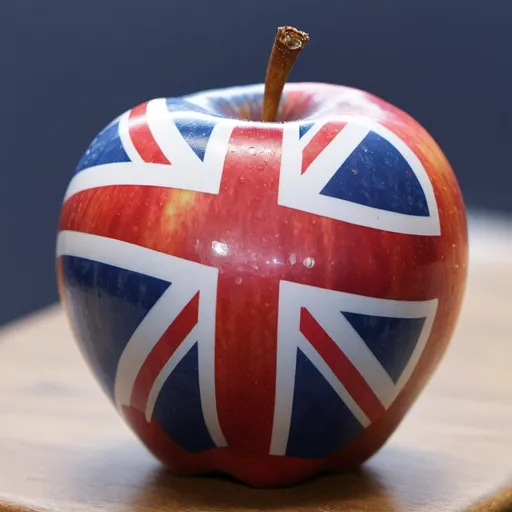 Prompt: Apple with the colors of the British flag held by the singer John lenon in london