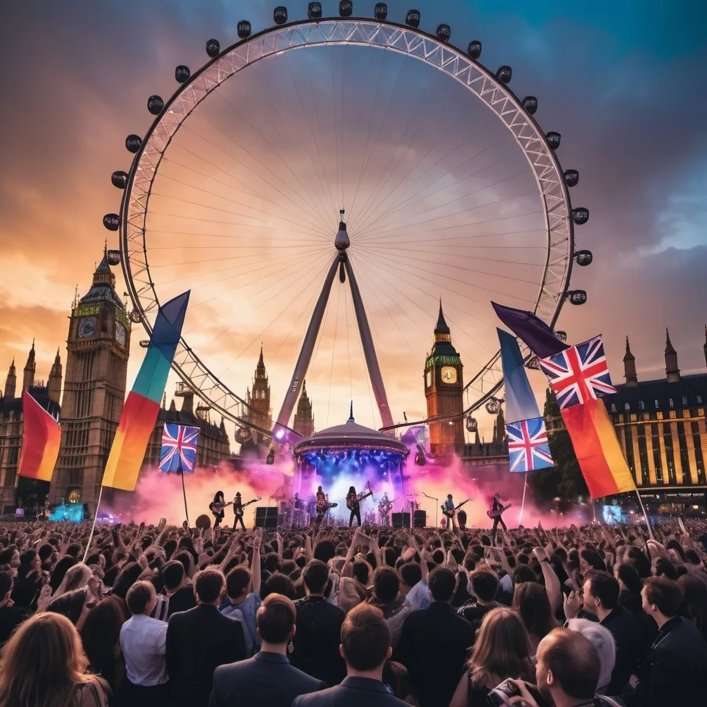 Prompt: Make an image of the band kiss, playing in a concert, the London eye, Statue of Liberty, big Ben, and other English speaking countries monuments flags and buildings in the background 