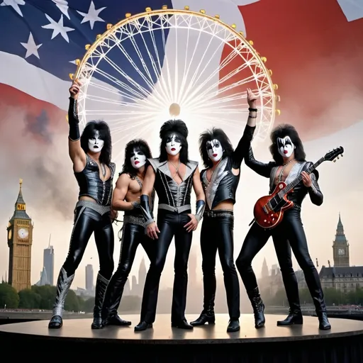 Prompt: Make an image of the band kiss, playing in a concert, the London eye, Statue of Liberty, big Ben, and other English speaking countries monuments flags and buildings in the background 