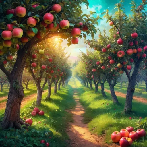 Prompt: Lush, vibrant digital painting of an enchanted apple orchard, rich and detailed fruit, magical glow, fantasy, highres, ultra-detailed, digital painting, enchanting, vibrant colors, whimsical, mystical lighting