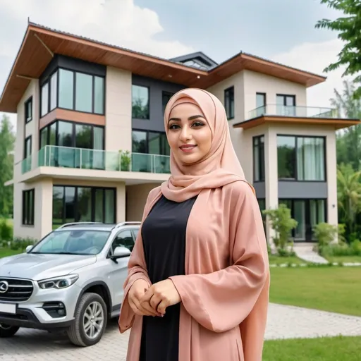 Prompt: a charismatic career oriented beautiful hijabi woman standing in front of her dream house and dream car. her bungalow is a 2 storey house with a backyard near a river stream in the country side. 