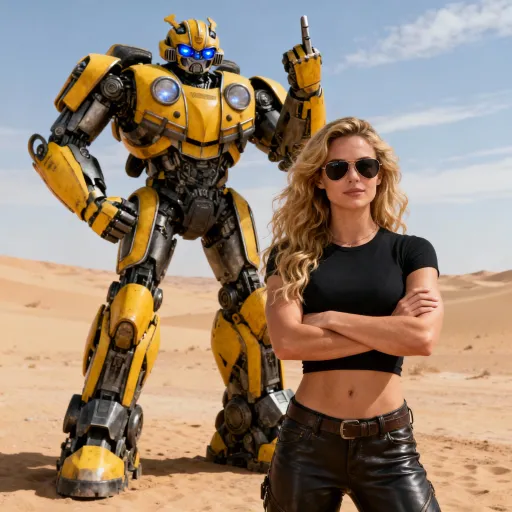 Prompt: An ultra-realistic cinematic scene with a large yellow robot with metallic black and gray details, a detailed mechanical design with blue light in the eyes, similar to Bumblebee from Transformers. The robot stands in the background in a relaxed pose, one hand raised while holding the middle finger. In front of the robot, a young woman with long and wavy blonde hair, professional body, wearing sunglasses, black baby look adjusted to the body with leather pants, was confident with both hands crossed. The background is open desert, sandy earth, clear sky with thin clouds, daytime atmosphere. Front composition, natural lighting, sharp details, realistic sci-fi adventure style, 8K resolution, 3: 4 aspect ratio. Humor: heroic, futuristic, adventurous.