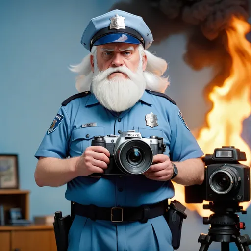 Prompt: a large built older man with white hair and a white beard, wears a police cap and is in light blue police uniform,  holds a large camera, he is standing  in a room that is on fire
