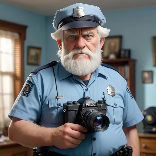 Prompt: a large built older man with white hair and a short white beard stands in a crime scene in a house, he is neatly dressed, he is in control he  wears a police cap and is in light blue police uniform,  holds a large camera with a big lens,  its a crime scene and police are in the background, 

