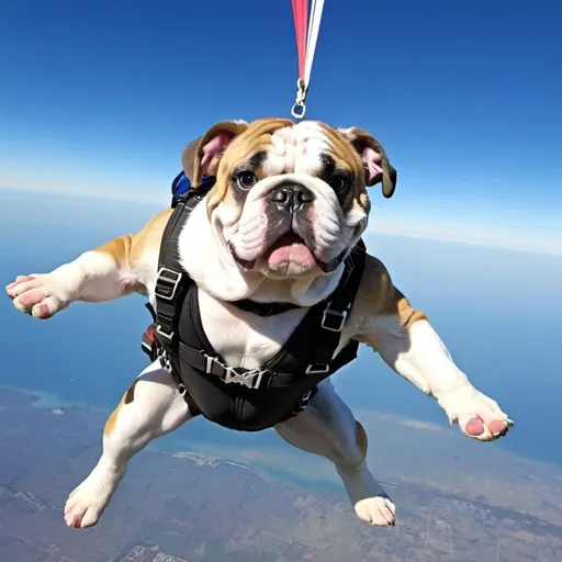 Prompt: English bulldog enjoying skydiving 
