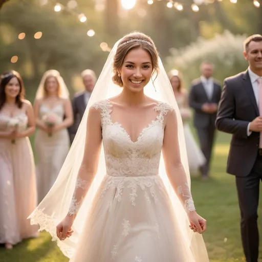 Prompt: (bride approaching), elegant wedding gown, flowing veil, radiant smile, delicate lace details, (romantic ambiance), soft warm lighting, blooming floral background, dreamy atmosphere, delicate pastel color palette, subtle bokeh effect, (HD), excited guests in the background, an enchanting moment capturing love and joy.