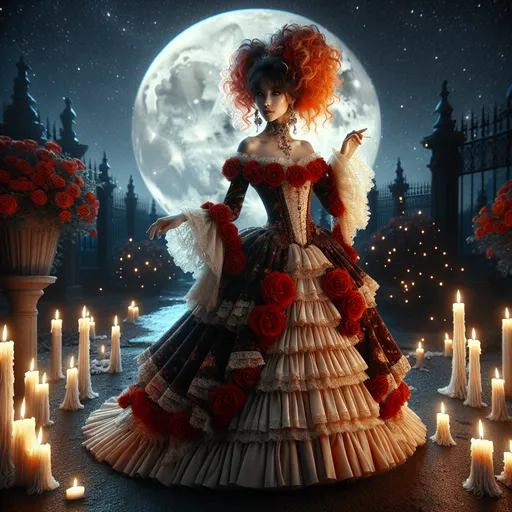 Prompt: elegant pretty Halloween fairy with wild red and orange hair in Victorian bustle gown outside in night full moon with candles and red roses,  8k, high quality, trending art, trending on artstation, sharp focus, studio photo, intricate details, highly detailed, by greg rutkowski