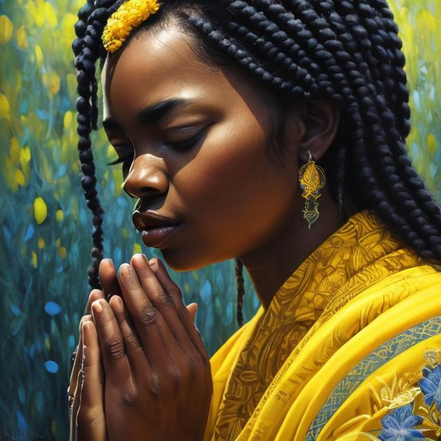 Prompt: realism, black woman praying, bright yellow and blue, peaceful expression, detailed facial features, traditional art, serene atmosphere, realistic lighting, tranquil scene, high quality, detailed realism, peaceful, bright color tones, traditional painting, detailed eyes, spiritual, serene lighting