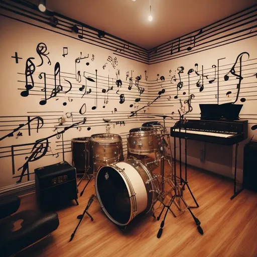 Prompt: music room, instruments, music notes, microphone, karaoke vibes, minimalist, fun 
