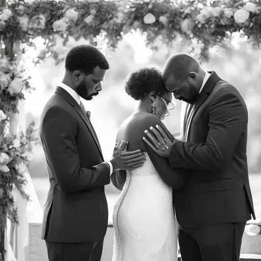 Prompt: black husband and wife praying with each other showing emotion on wedding day