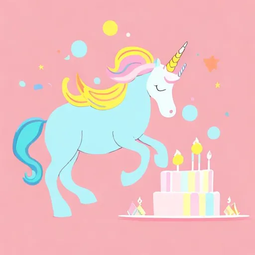 Prompt: Minimalist illustration of a vibrant little girl's birthday party, pastel colors, whimsical atmosphere, subtle unicorn motifs, high quality, minimalist style, simple design, fantasy, vibrant, whimsical, pastel tones, birthday celebration, unicorn theme, clean lines, subtle details, high quality, minimalist illustration