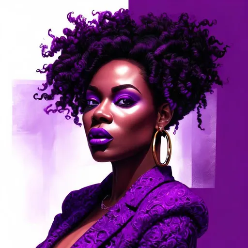 Prompt: realism illustration of a powerful black woman boss, vibrant purple background, magical office setting, inspirational atmosphere, high quality, minimalist, detailed outfit, mystical lighting, regal demeanor, ethereal, powerful, vibrant purple, magical office, detailed facial features, professional attire, inspirational, realism style