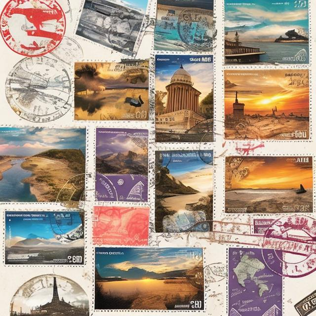 Prompt: travel theme, woman traveling, stamps, suitcase 