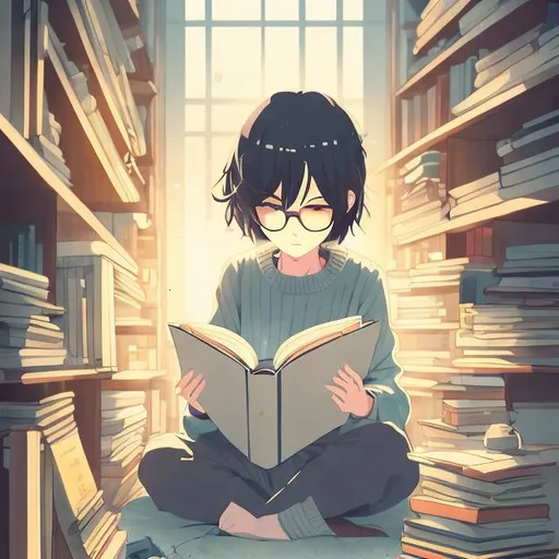 Prompt: anime illustration of a studious reader surrounded by books, minimalist design, cool and calming color tones, cozy library setting, detailed book spines, serene atmosphere, professional manga style, tranquil lighting, best quality, highres, ultra-detailed, anime, minimalist, cool tones, serene, cozy, detailed books, studious reader, professional, calming lighting