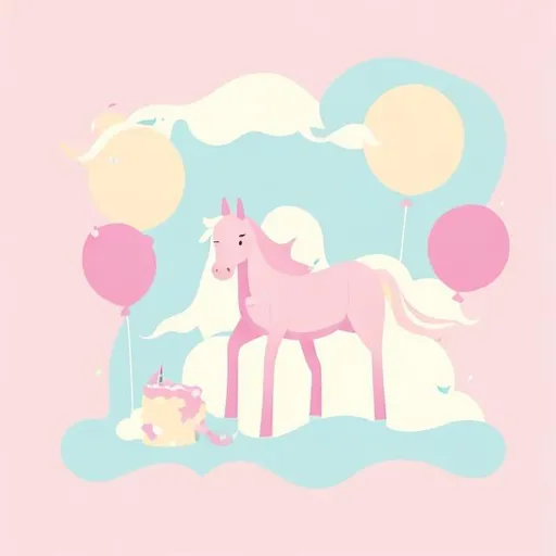 Prompt: Minimalist illustration of a vibrant little girl's birthday party, pastel colors, whimsical atmosphere, subtle horse motifs, high quality, minimalist style, simple design, fantasy, vibrant, whimsical, pastel tones, birthday celebration, horse theme, clean lines, subtle details, high quality, minimalist illustration