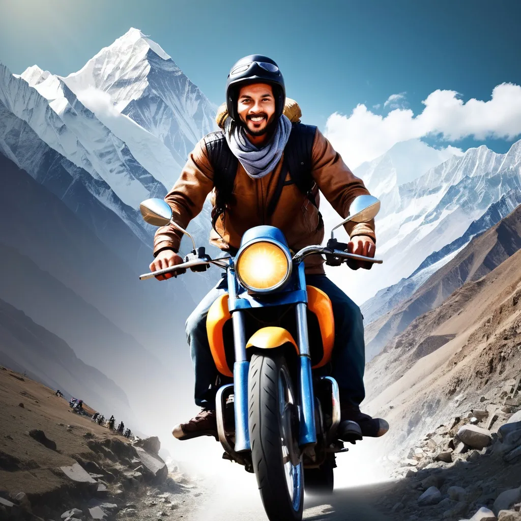 Prompt: create an adventure movie Poster of guy riding a motorbike in Himalayas