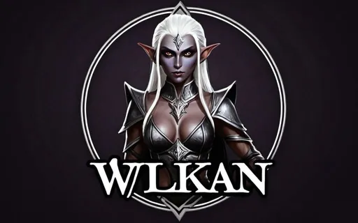 Prompt: Create a logo, a stunning female dark elf who's name is wulkan