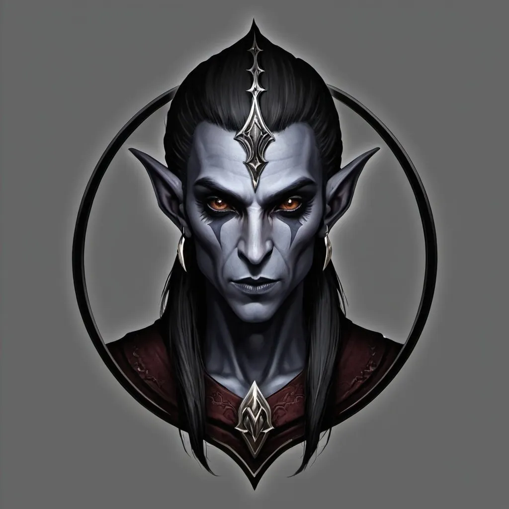 Prompt: Create a logo, a stunning dark elf who's name is wulkan