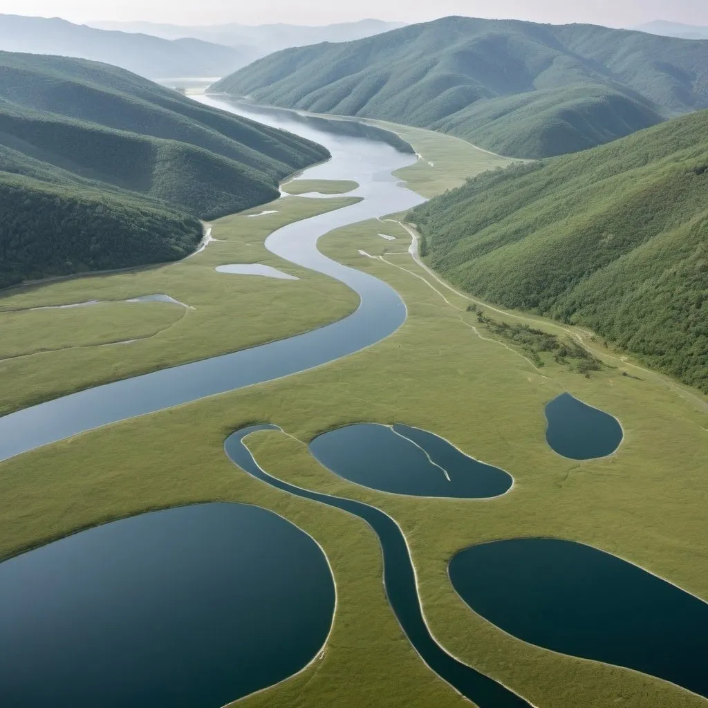 Prompt: A natural landscape featuring hills, individual lakes, rivers intersecting with each other. The main feature is water.