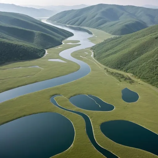 Prompt: A natural landscape featuring hills, individual lakes, rivers intersecting with each other. The main feature is water.