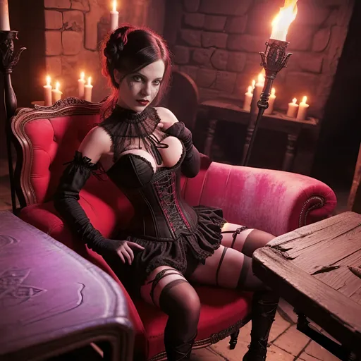Prompt: The image shows a character seated in a grand, high-backed gothic chair within a dark and atmospheric dungeon. The seductress is dressed in an elaborate gothic corset that is black with red accents, including glowing neon red seams that trace the contours of the corset. Her leg garters also have glowing neon straps, which match the corset's luminescence. The dungeon setting is illuminated by flickering torches mounted on the stone walls and features antique wooden furniture, such as stools and tables. The space exudes a sense of ancient mystery, enhanced by the soft lighting and shadowy corners.