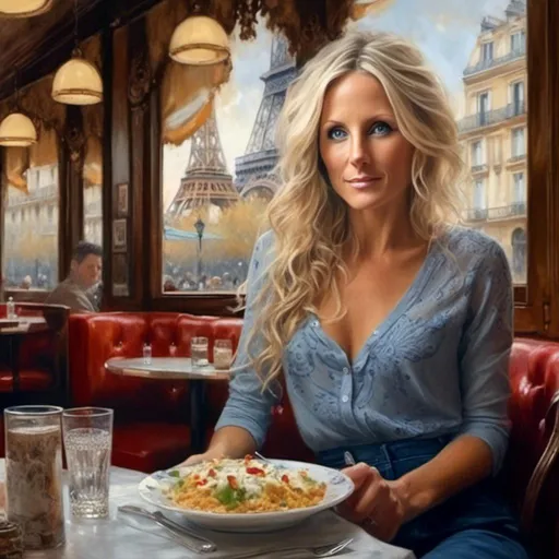 Prompt: <mymodel> matte painting, beautiful stunning woman in a cafe in Paris, Parisian,
perfect symmetric eyes, gorgeous face, soft lush curly warm white blonde hair, blue eyes,
art by Mandy Disher, Jean-Baptiste Monge, Cameron Gray, Razumov, Volegov, Carne Griffiths, Wadim Kashin, highly detailed, intricate, volumetric lighting, gorgeous, masterpiece, sharp focus, depth of field, perfect composition, award winner, artstation, acrylic painting, pixiv fanbox trends,
palette knife and brush strokes, 16k high res, hdr