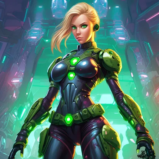 Prompt: <mymodel> Full body shot of a slim, very athletic woman with shiny blonde hair pulled back in a tight low bun. She is designed for combat. She has glowing green eyes. She has been infected and assimilated by an alien nanotech, turning her into an organic machine from head to toe.