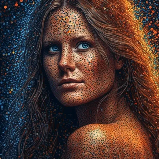 Prompt: <mymodel> an intricate pointillism artwork of a mesmerizing femme fatale, with stunning details created through carefully placed dots, the artwork captures her mysterious allure, with a mix of light and shadow enhancing her captivating features, 8k, hdr