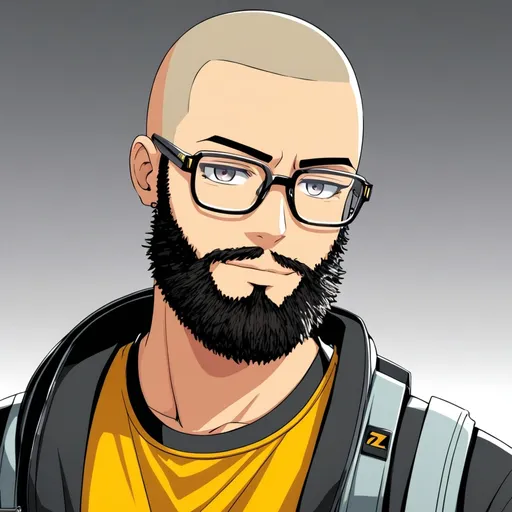 Prompt: anime boy buzz cut haircut, a beard and with glasses wearing tech wear 
