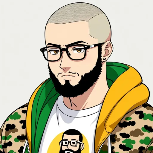 Prompt: anime boy buzz cut haircut, a beard and with glasses wearing bape hoodie
