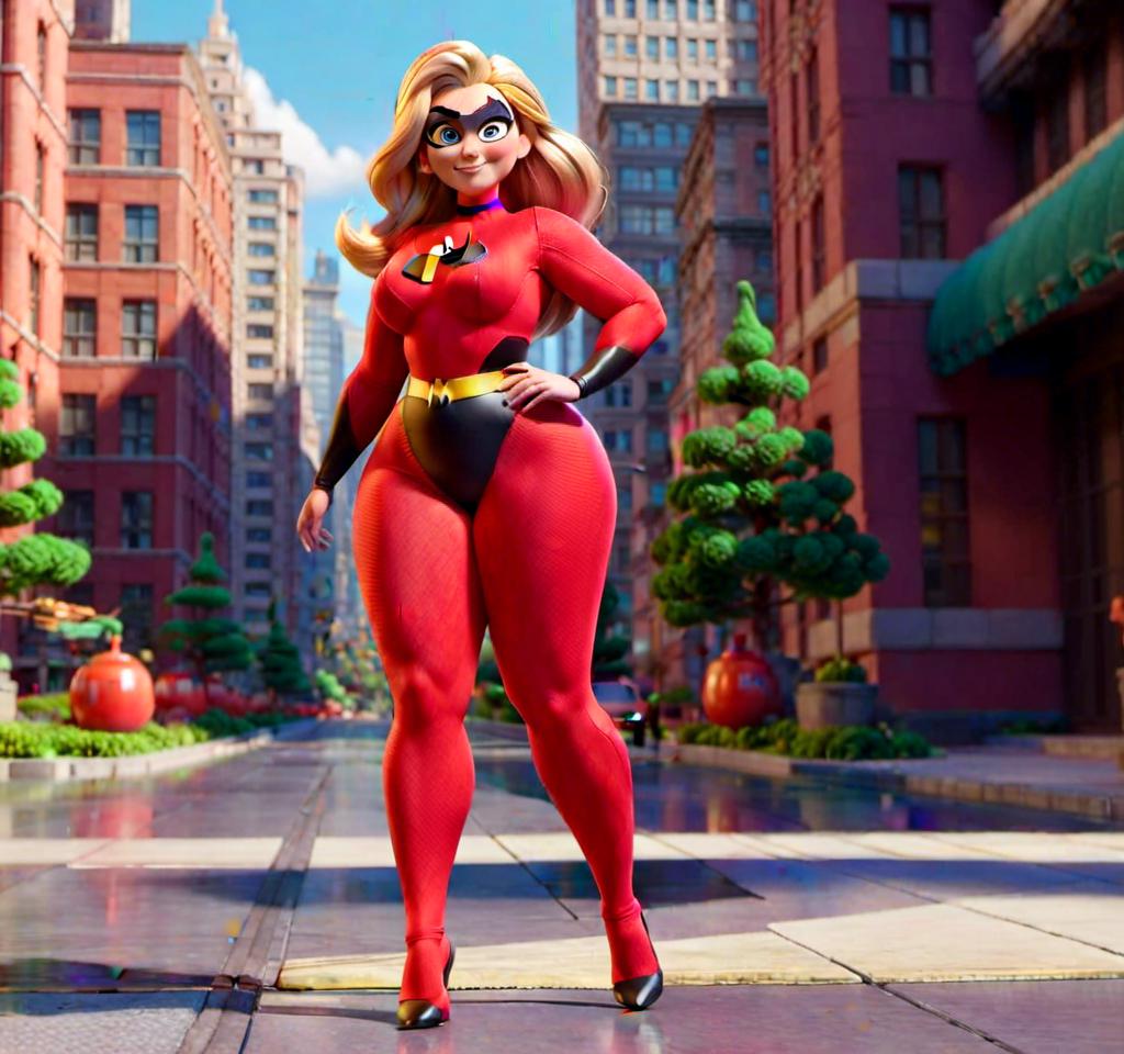 Prompt: <mymodel> as Mrs. Incredible, plus sized, extra curvy, showing off her curves