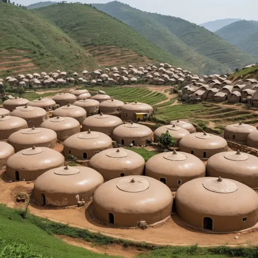 Prompt: a village on pastoral hills made entirely of mud yorts shaped like condoms - circle bottom a small dome shaped roof