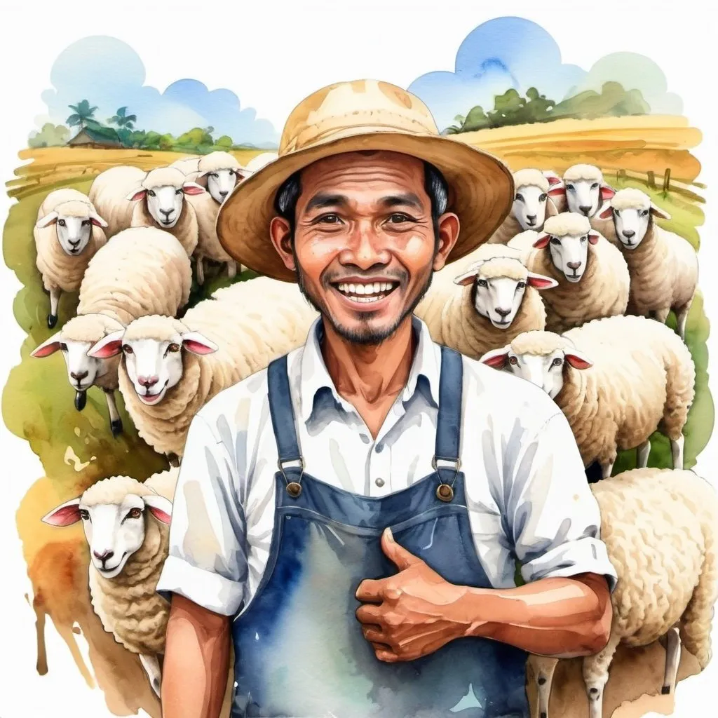 Prompt:  indonesia farmer watercolor illustration with his sheep and success expressions 