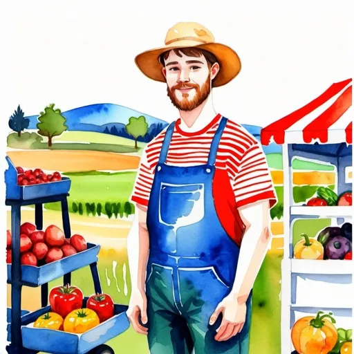 Prompt: Young farmer watercolor illustration with farm market day  