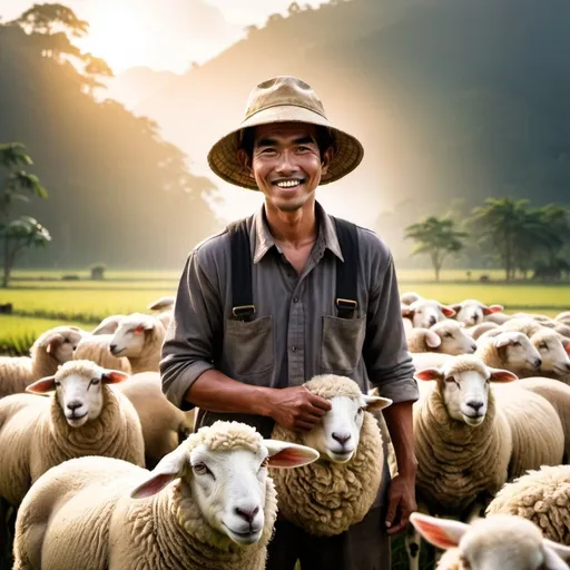 Prompt:  indonesia farmer illustration with sheep and morning lighting and success expressions 