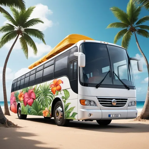 Prompt: Bus travel realistic cool tropical front side view beach