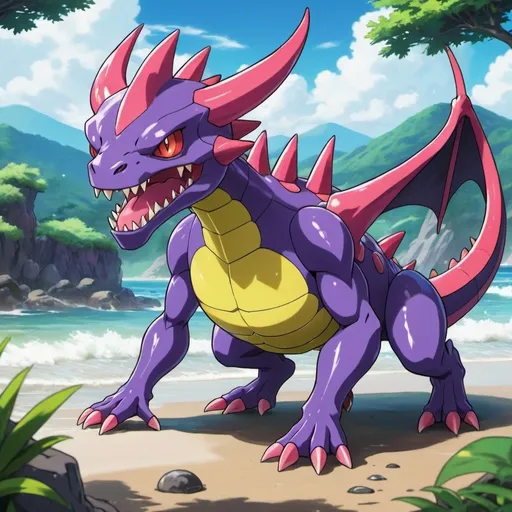 Prompt: legendary poison-fighting type Pokémon with amphibious lifestyle, should be able to walk on land, dragon-humanoid kind, anime style, vibrant and iridescent colors, mysterious and majestic atmosphere, captivating and dramatic, highly detailed, anime style, intimidating, large build, flat colors, outlined.