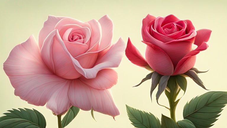 Prompt: only one red rosebud rose and only one pink blooming rose