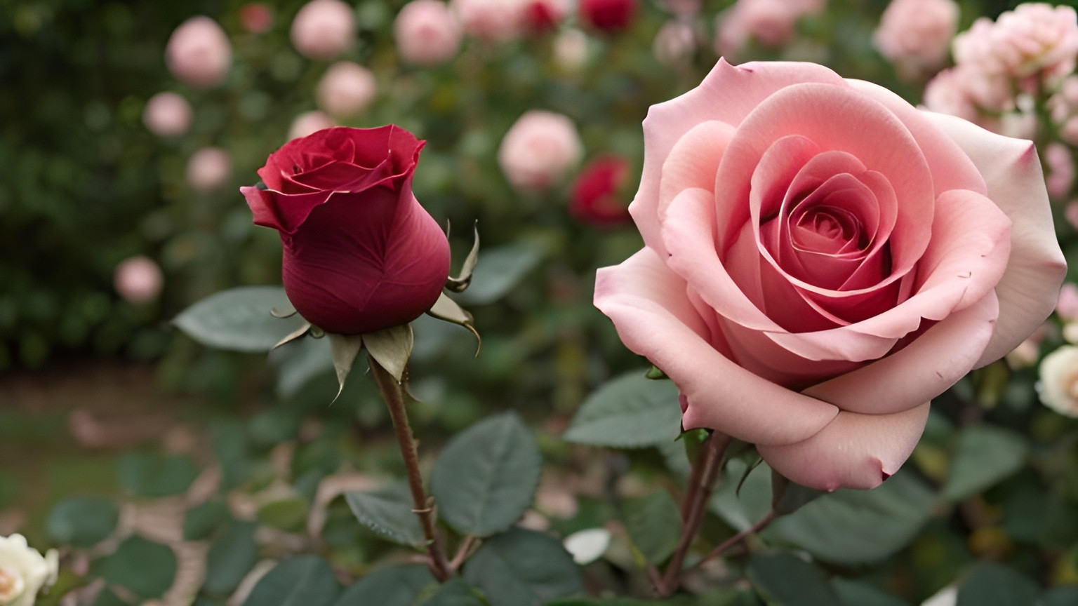 Prompt: only one red rosebud rose and only one pink blooming rose with flower garden background