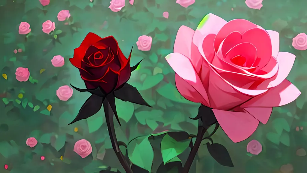 Prompt: only one red rosebud rose and only one pink blooming rose with flower garden background