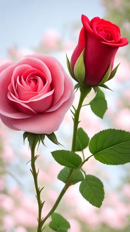 Prompt: only one red rosebud rose and only one pink blooming rose with flower garden background