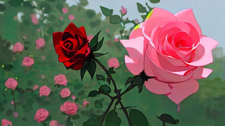 Prompt: only one red rosebud rose and only one pink blooming rose with flower garden background