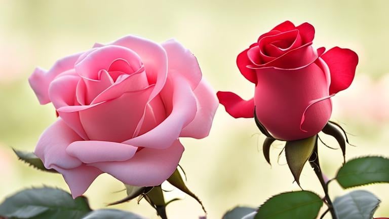 Prompt: only one red rosebud rose and only one pink blooming rose