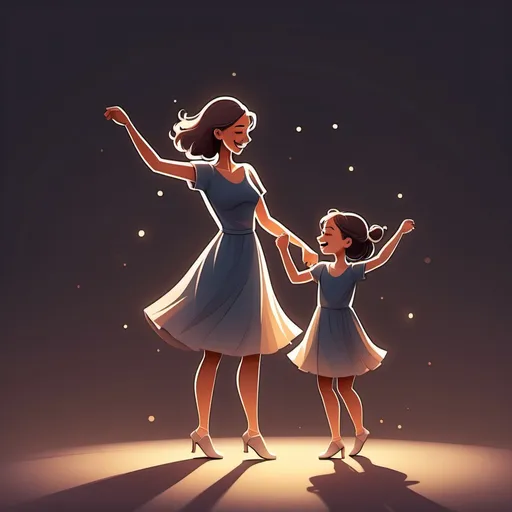 Prompt: Simple, 2D illustration of a mom dancing with her daughter just before her last moments she wanted to make this moment memorable for her daughter, emotional story book style