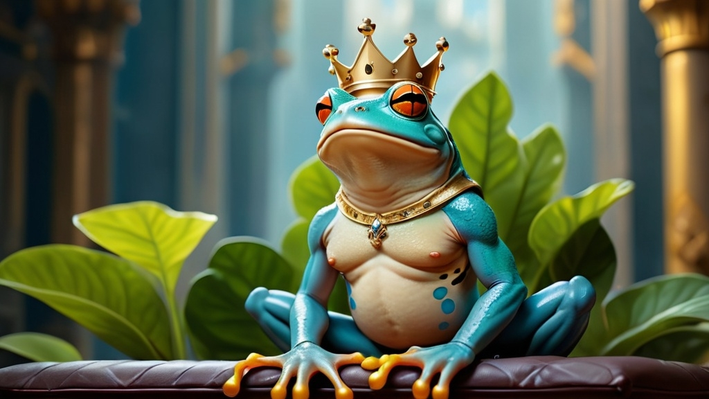 Prompt: A royal warior frog from future but with human body and frog head as an powerfull warrior sitting on the royal throne, wearing a golden crown, do it as a portrait 
