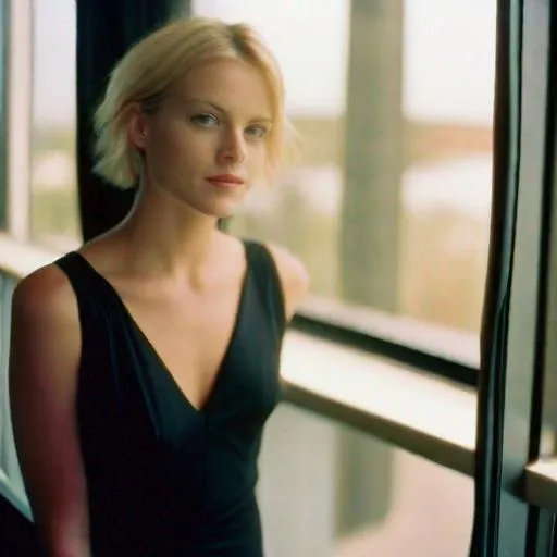 Prompt: half body portrait of a blonde woman in a modern Seattle hotel, wearing a black dress, shot on a kodak gold 400. Ultrarealistic



