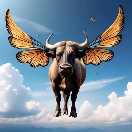 Prompt: Create a picture of Thai buffalo in the sky with wings that look like fly wing (insect)